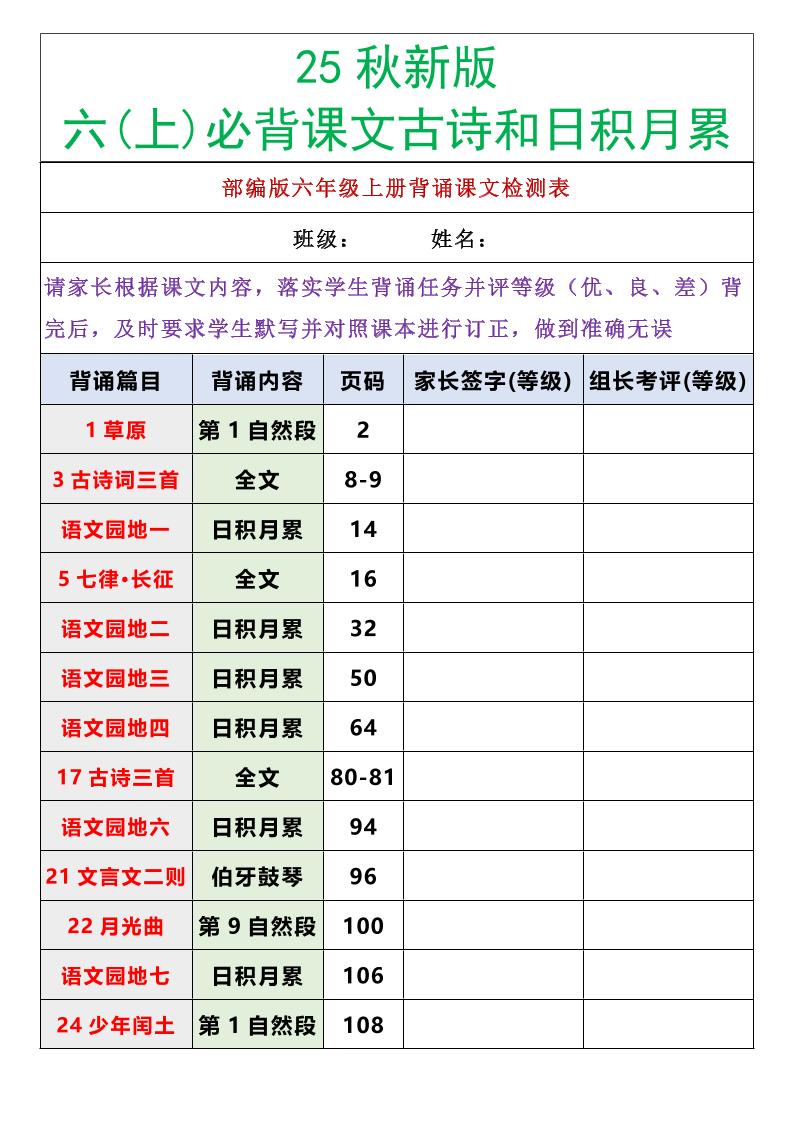 【2025秋新版】六年级语文上册必背课文内容古诗和日积月累-百乐阁