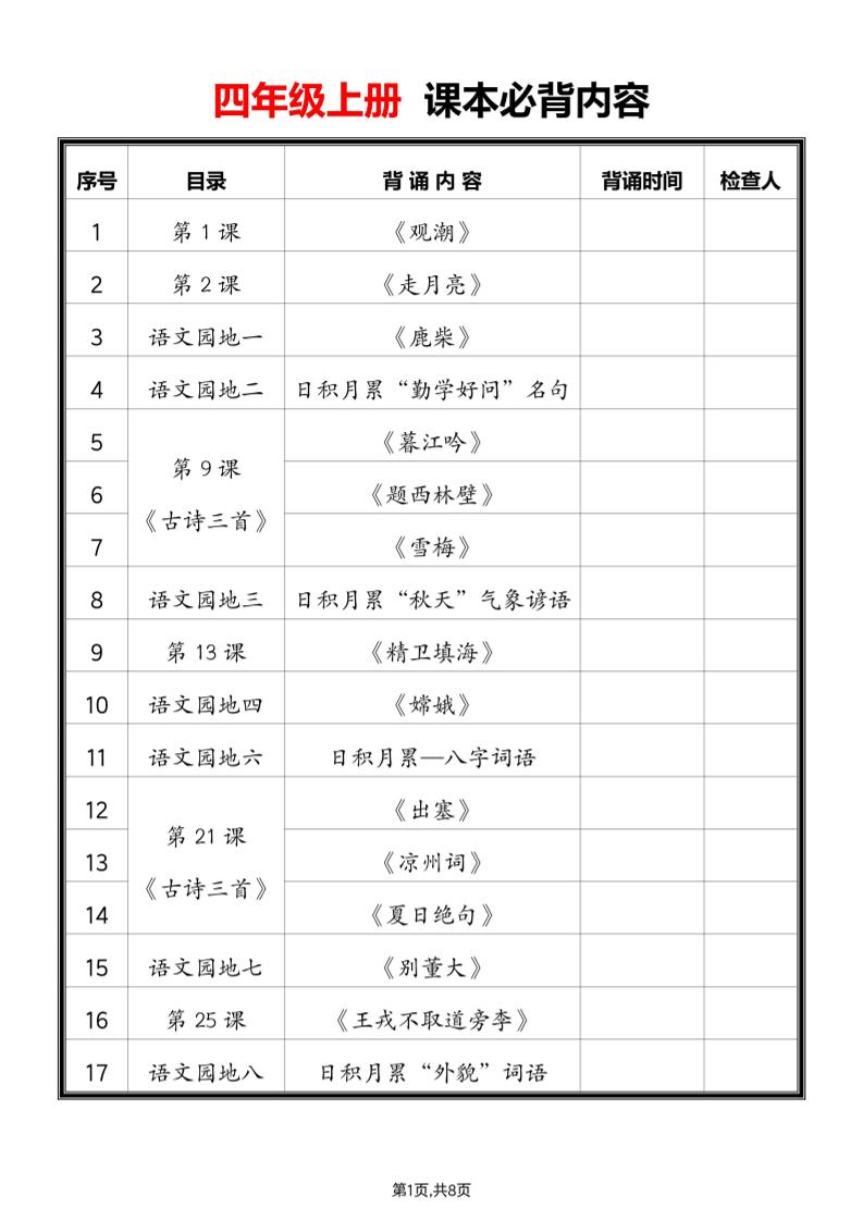 2025四上语文必背课文内容汇总-百乐阁