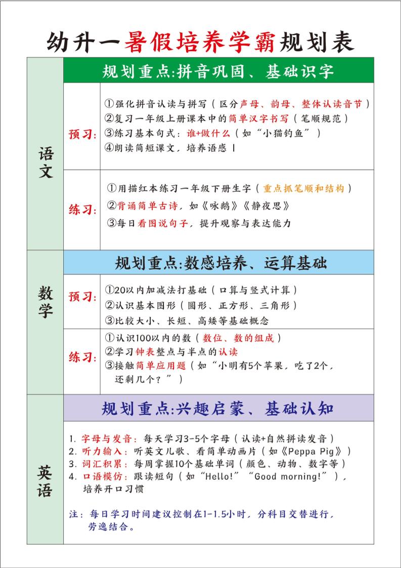 幼升一暑假培养学霸规划表-一上语文-百乐阁