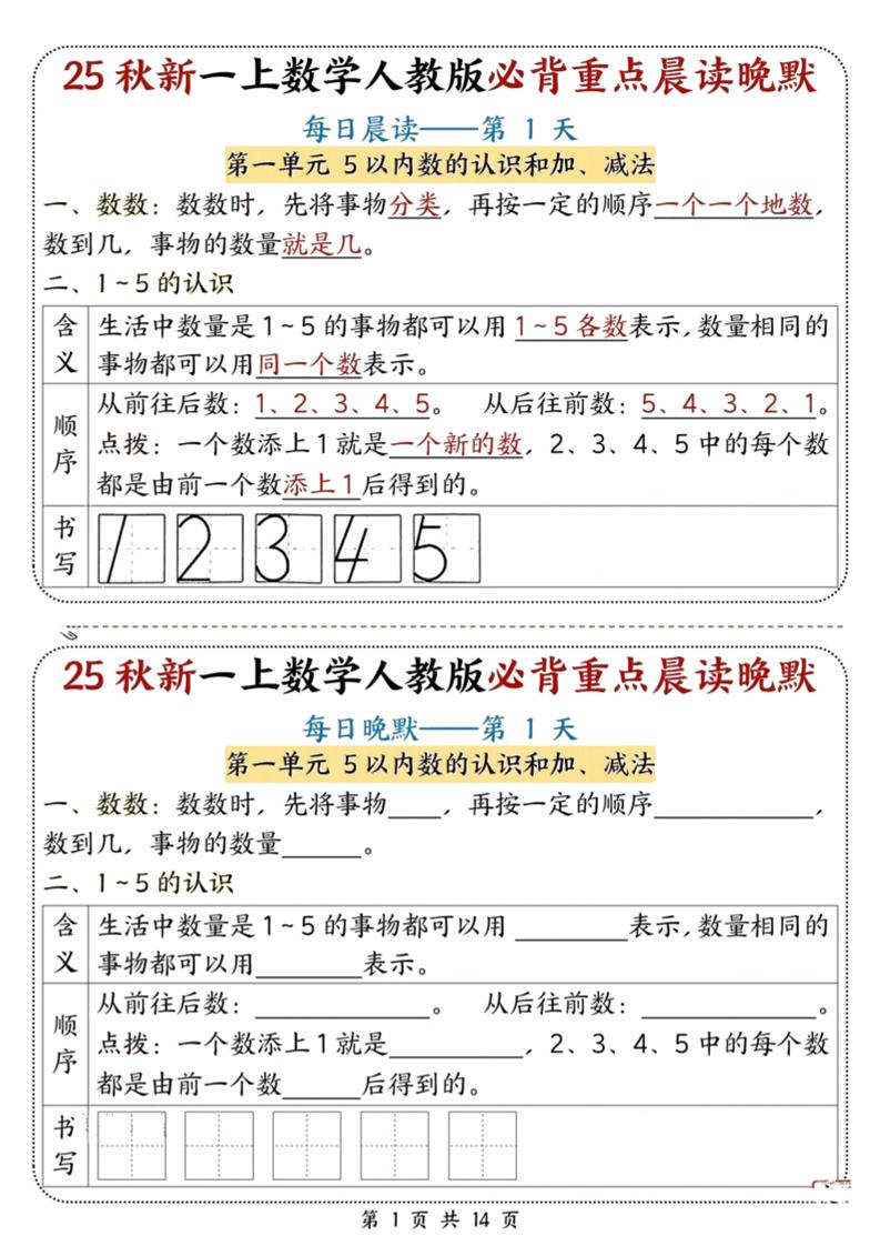 25秋新一上数学必背重点晨读晚默（人教版14页）-百乐阁