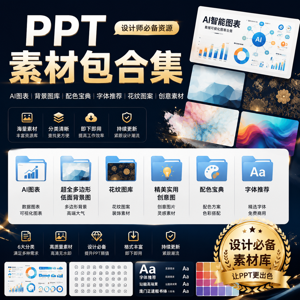 PPT素材包合集|AI图表背景配色字体图库|设计必备资源-创享库
