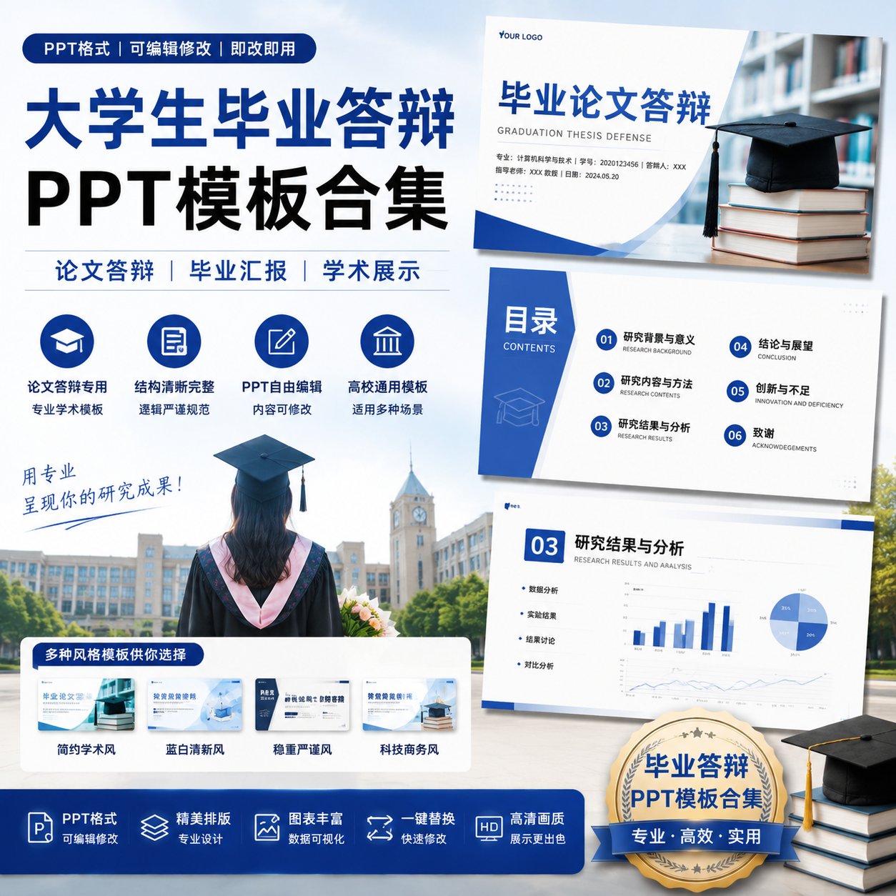 大学生毕业答辩PPT模板｜论文答辩展示｜毕业汇报通用可编辑-创享库