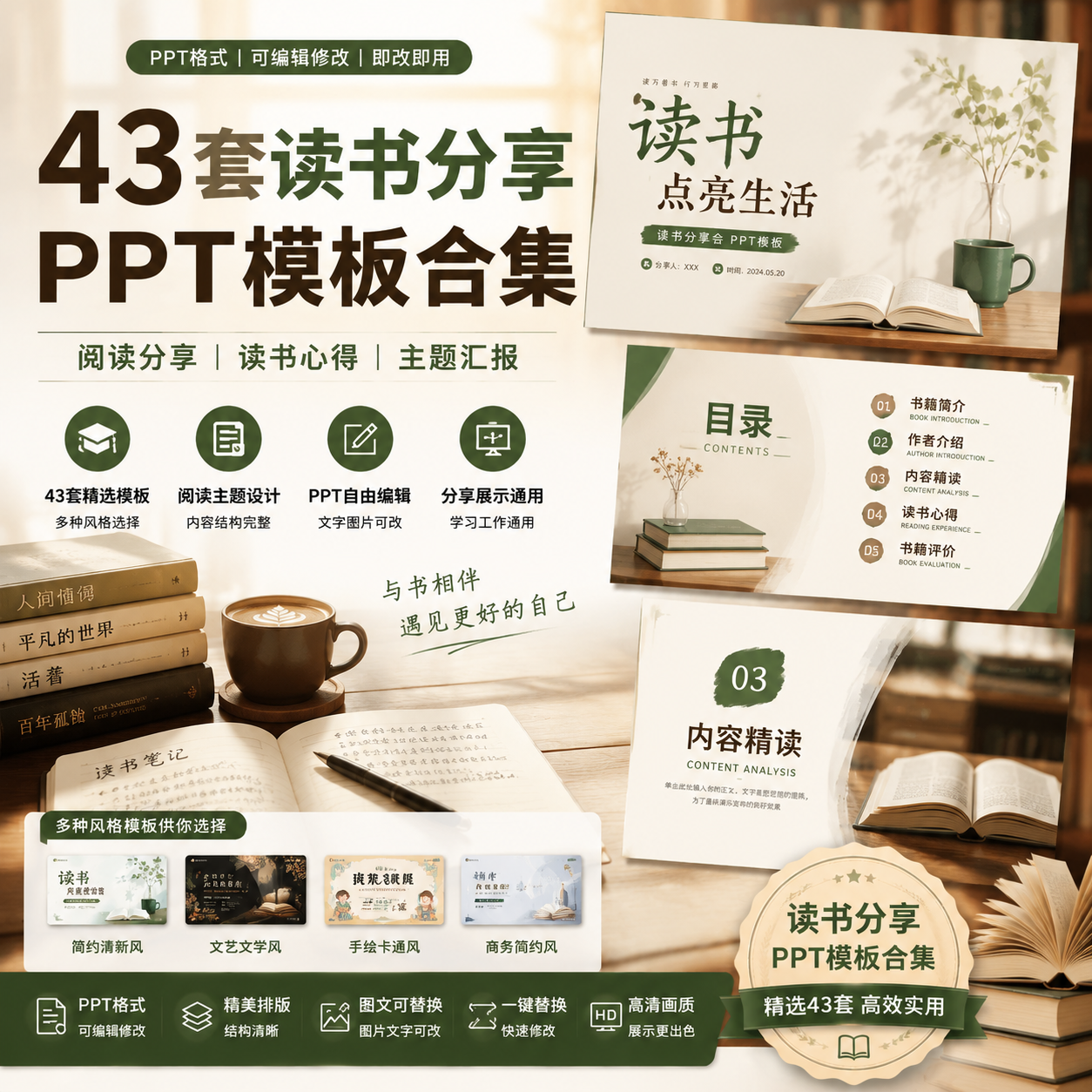 43套读书分享PPT模板｜读书会分享｜阅读心得汇报通用可编辑-创享库