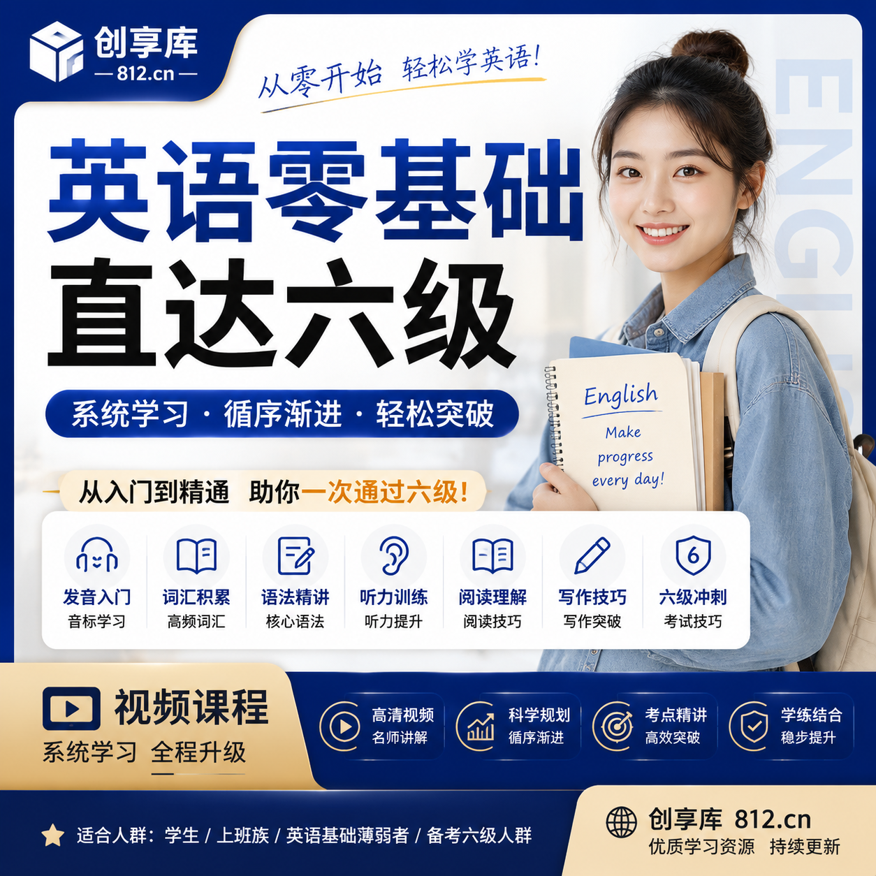 英语从零基础直达六级视频课程｜英语入门到CET6系统学习教程-创享库